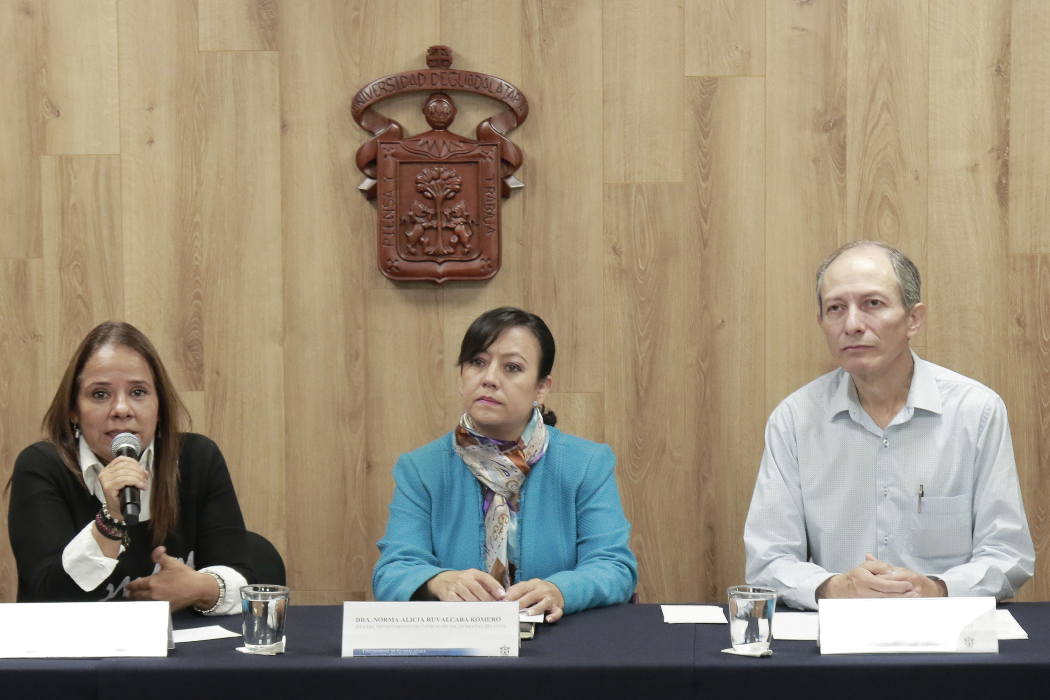 Miembros del presídium rueda de prensa para hablar sobre los grupos terapéuticos del CUCS para mujeres embarazadas en situación emocional vulnerable. Al micrófono la Mtra. Yasmín González