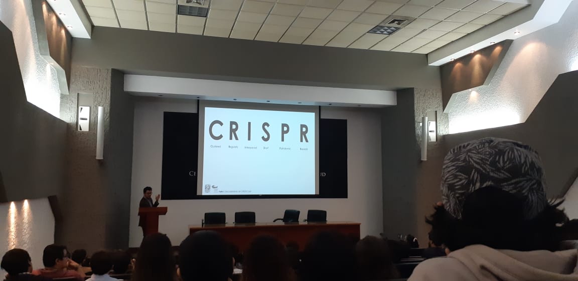 Fotografía tomada desde el fondo del auditorio, al fondo una diapositiva con el nombre de la conferencia