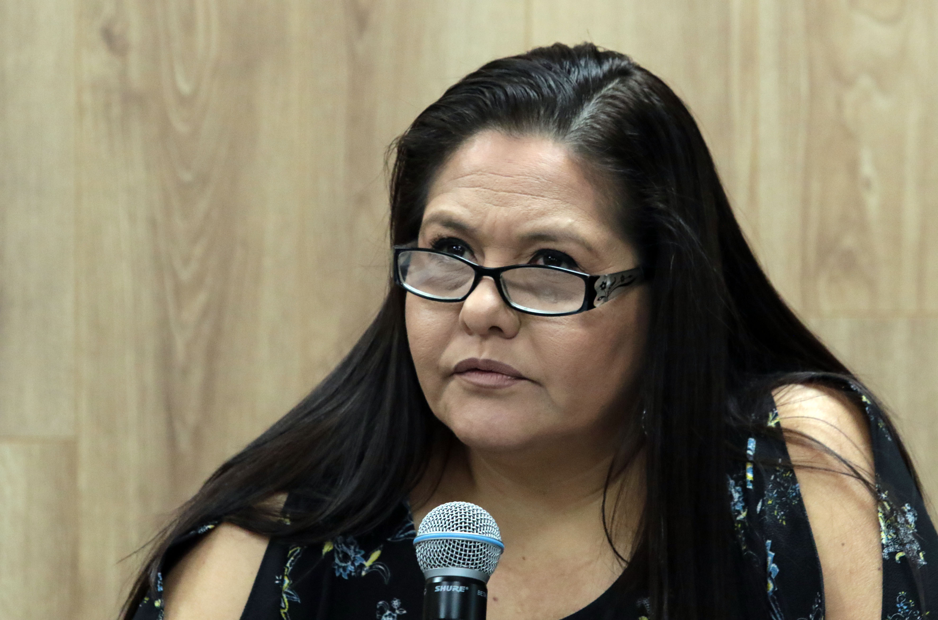 Mtra Catalina Pérez exponiendo en rueda de prensa