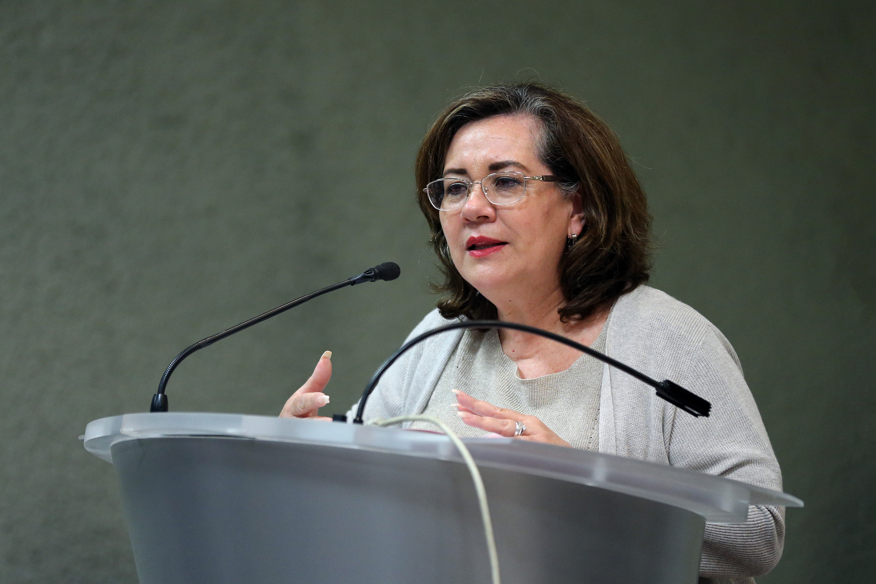 Dra Ana Mercado haciendo uso de la voz en podium