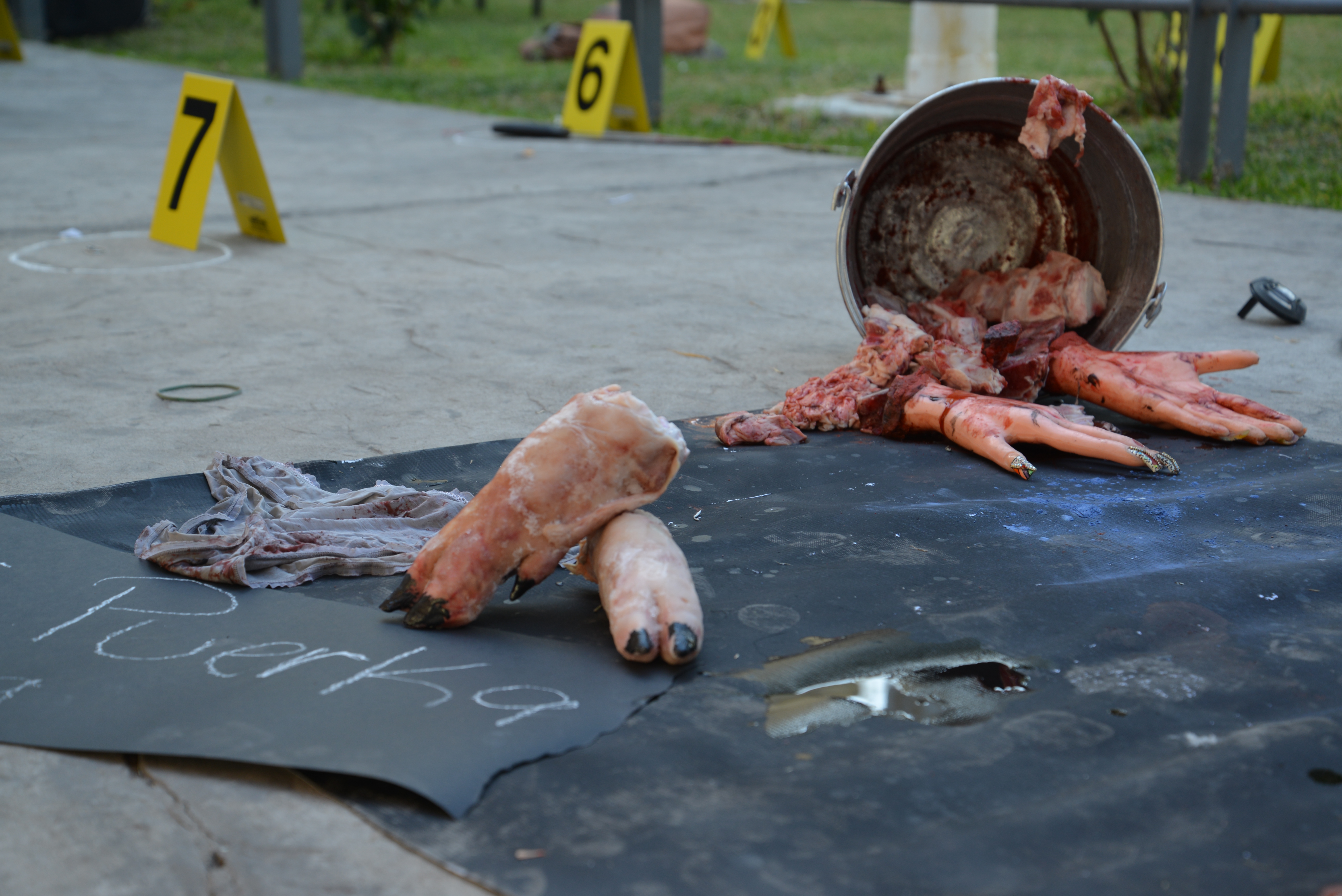 Manos mutiladas y leyenda escrita junto a unas manos de puerco con las uñas pintadas de negro que dice Purerka