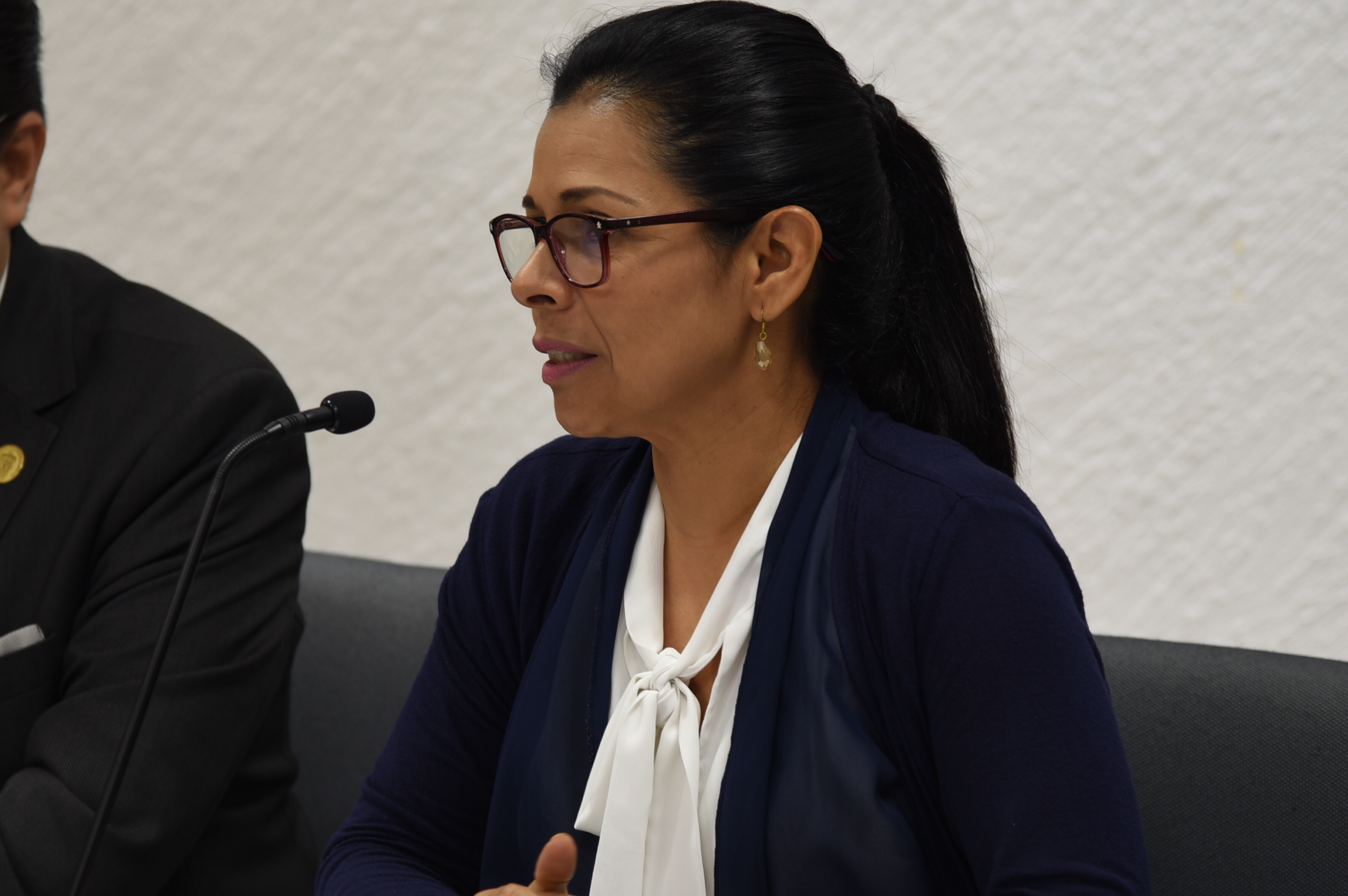 Evaluadora haciendo uso del micrófono