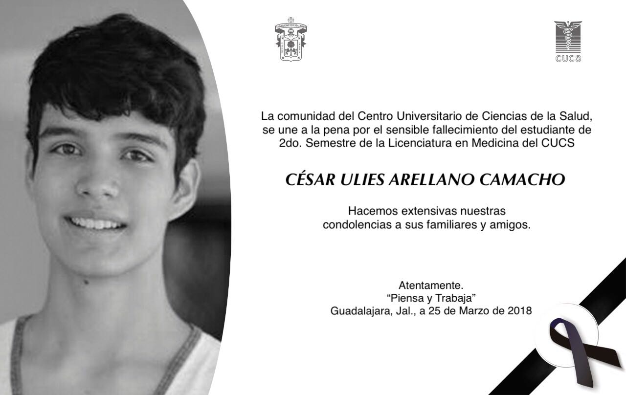 Esquela CUCS por la muerte del estudiante de Medicina, César Ulises Arellano Camacho QEPD