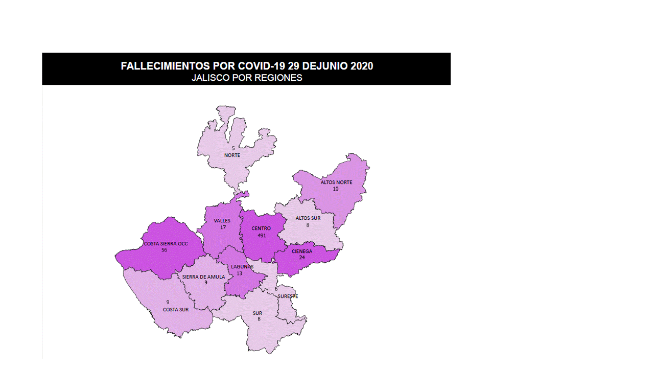 Mapa de Jalisco con casos confirmados de Covid-19 por regiones