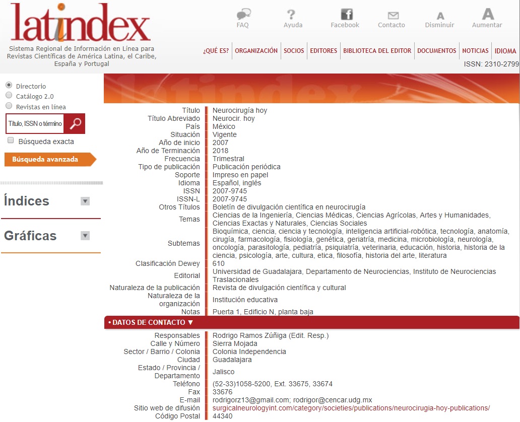 Interiores de la Revista Neurocirugía Hoy