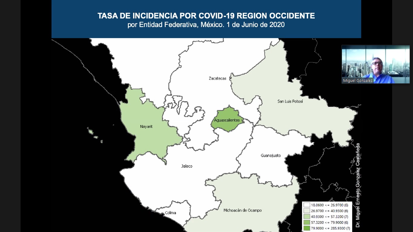 Mapa 3: Tasa de incidencia por COVID-19 Región Occidente por Entidad Federativa, México 1 de Junio de 2020