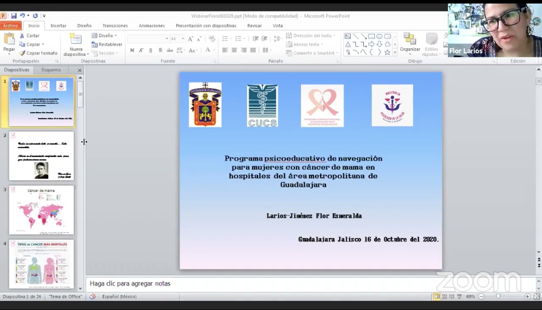 Captura de pantalla de diapositiva y redcuadro con la cara de la ponente en vivo