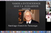 captura de pantalla de diapositiva con fotos de ponentes al fondo